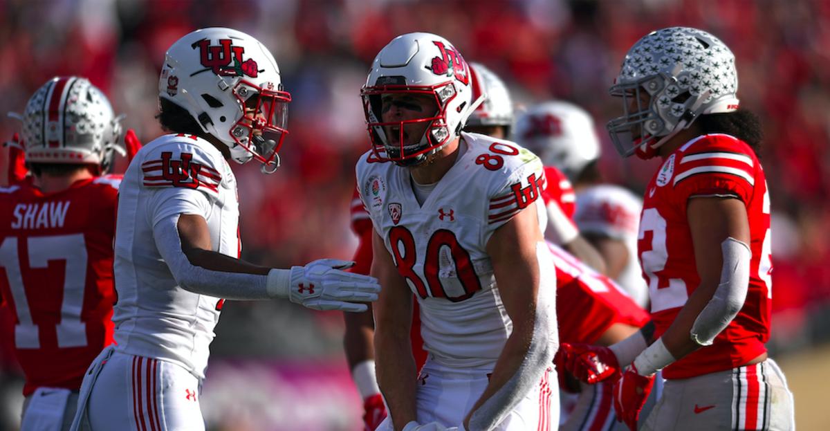 Utah Utes tight end Brant Kuithe (80) celebrates after a play against the Ohio State Buckeyes in the first half during the 2022 Rose Bowl game at the Rose Bowl.